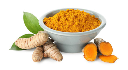 Turmeric powder in bowl, roots and green leaves isolated on white
