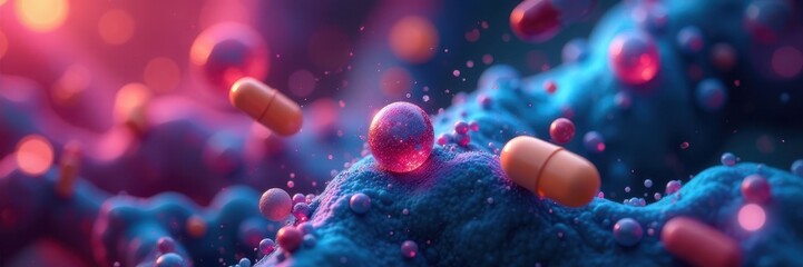 Vibrant pills & swirling molecules, abstract medical design, abstract background, chemistry, science