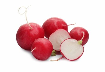 Whole and cut radishes isolated on white
