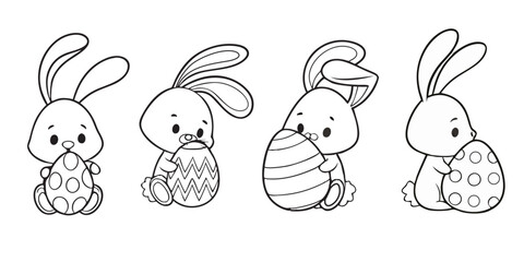 Fototapeta premium Cute Easter Bunnies with Decorated Eggs - Black and White Line Art 