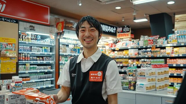 Cheerful Convenience Store Clerk: Capturing the essence of efficient service and customer satisfaction, this image showcases a friendly clerk in a brightly lit shop.