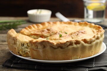 Delicious fresh homemade pie on table, closeup