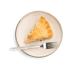Piece of tasty homemade pie with chicken and vegetables isolated on white, top view