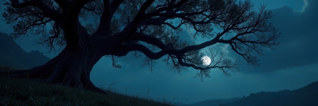 Gnarled tree branches, hanging noose, dark sky, spooky, grim