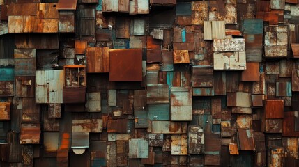 Aerial Perspective of Tightly Packed Slum Area Displaying a Mosaic of Rusted and Weathered Metal Panels