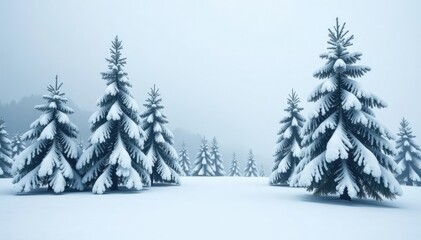 Snow-dusted pine trees shrouded in white haze, winter, frost, trees