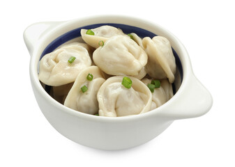 Delicious dumplings (pelmeni) with green onion in bowl isolated on white
