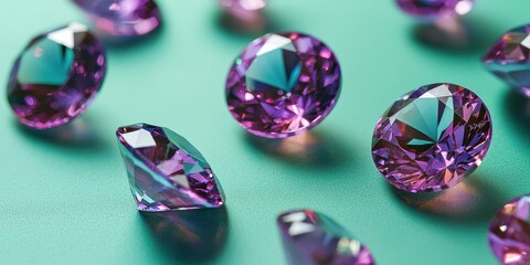 Floating alexandrite gemstones with color-changing properties on a vibrant green background