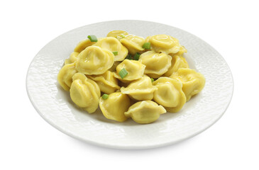 Tasty dumplings with green onion isolated on white