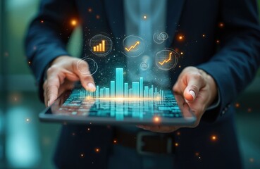Man holds tablet with business analysis interface. Financial data, graphs, charts on device screen. Corporate budget planning, investment management, resource allocation, digital transformation
