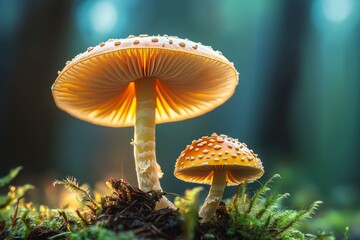 Fototapeta premium beautiful mushrooms in deep forest on blurred background