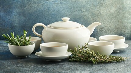 Fototapeta premium Modern Herbal Tea Set with Smooth Ceramic Teapot and Cups
