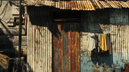 Rustic Single Shack with Weathered Exterior and Clothes Hanging on Line in Close-Up High-Resolution Photography