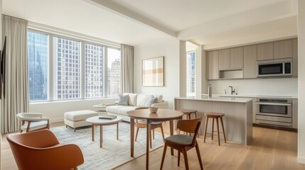 Modern Bright Apartment Interior with City View and Cozy Decor