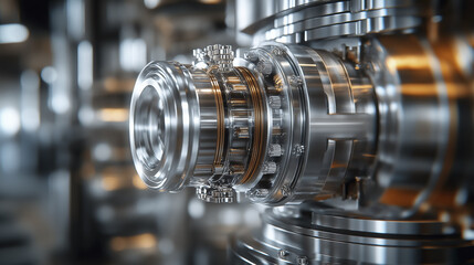 close up of metallic industrial machine component with intricate gears and bolts, showcasing precision engineering and advanced technology. shiny surface reflects light, highlighting its