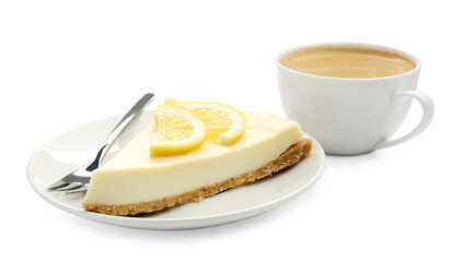 Piece of delicious lemon cheesecake and coffee isolated on white