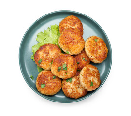Many delicious patties, parsley and lettuce isolated on white, top view