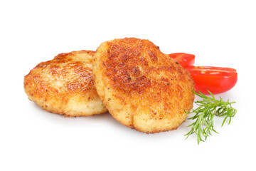 Delicious patties, tomato and dill isolated on white