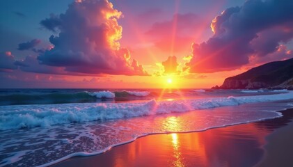 Fototapeta premium Vibrant sunset paints sky above tranquil beach , light, exotic, nature