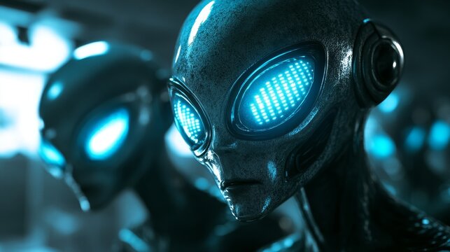 Two aliens with blue eyes and glowing heads