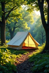 Secluded canvas tent in a sunlit forest glade, idyllic setting , summer, holiday, scenic