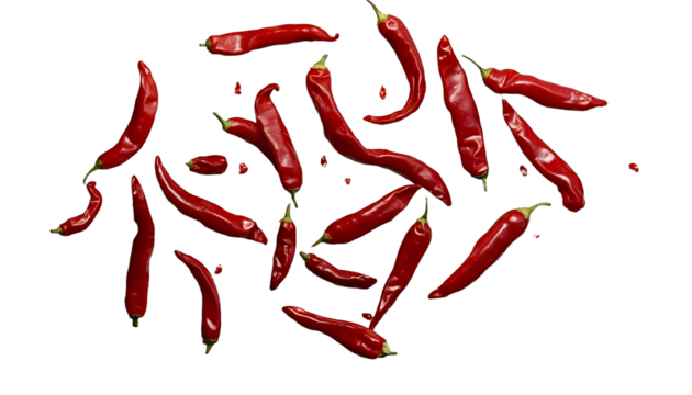 dry red chili peppers isolated on transparent background cutout