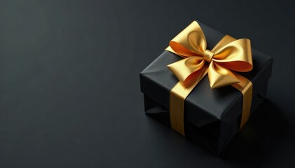 Obraz premium Gold bow on a black gift wrapped in paper with creases, present, gift wrap, gift box