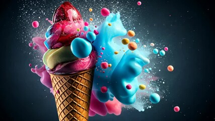 Colorful ice cream cone with splashes of vibrant flavors against a dark background