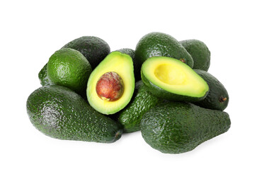 Many whole and cut avocados isolated on white