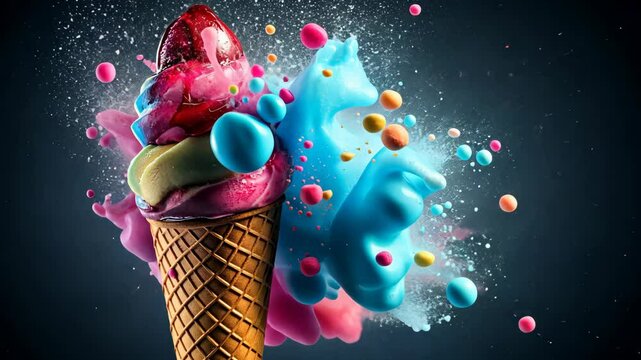 Colorful ice cream cone with splashes of vibrant flavors against a dark background
