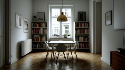 Fototapeta premium Cozy Modern Dining Room with Bookshelves and Natural Light