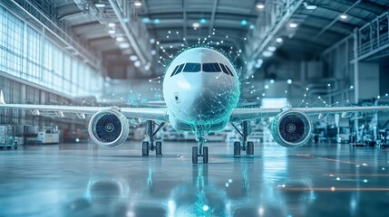 Futuristic Airplane Digital Model in Modern Hangar Innovative Technology Airliner Design Aircraft Engineering Transportation Industry Advanced        