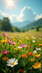 Obraz premium Sun-drenched meadow, wildflowers in full bloom Close-up, diverse species , blue, wildflowers