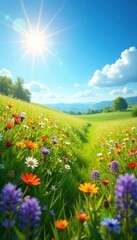 Sun-drenched meadow, vibrant wildflowers, azure sky, freshness, blossom