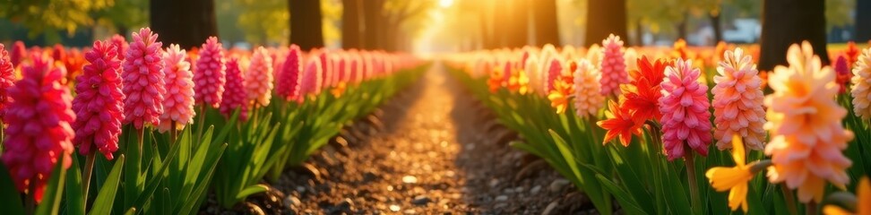 Sunlit rows of hyacinths and daffodils at Keukenhof, dutch, botanical, yellow