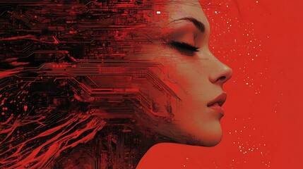 Woman, eyes closed, red circuitry, tech abstract