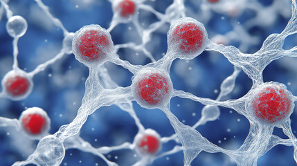 network of interconnected molecules with red spheres and white bonds represents scientific concept. blue background enhances intricate structure, symbolizing innovation and sustainability