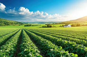 Wide view of a vibrant farm featuring lush green fields and a quaint farmhouse bathed in warm sunlight during early morning hours