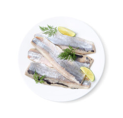 Marinated herring fillets with lime and dill isolated on white, top view