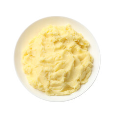 Delicious mashed potato in bowl isolated on white, top view