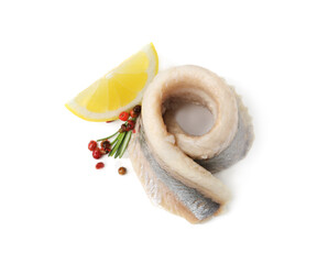 Marinated herring fillet with rosemary, peppercorns and lemon isolated on white, top view