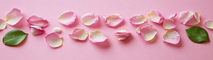 Pink rose petals & leaves on pink. Flatlay. Beauty banner