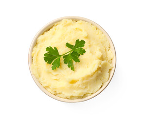 Delicious mashed potato with parsley in bowl isolated on white, top view