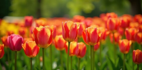 Obraz premium Striking multicolored tulip display, lush garden setting, flora, spring, colorful