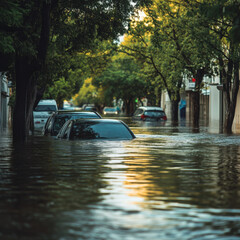 Flooded street with submerged cars under lush green trees, creating a dramatic scene of urban natural disaster.