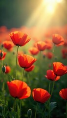 Fototapeta premium Sunbeams illuminate a sea of poppies, gently swaying , landscape, golden, horizon