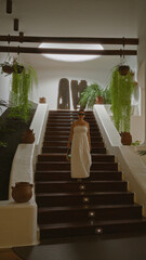Woman descending stairs at museo del campesino in lanzarote surrounded by plants and traditional pottery in a beautifully lit indoor setting