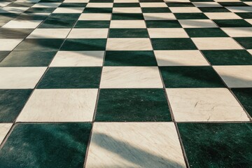 A perspective image depicting a tiled floor with a checkered design