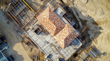 Fototapeta premium An overhead view shows a construction site for a residential building, highlighting the roof design and surrounding materials