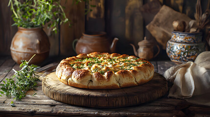 Authentic Albanian Traditional Kitchen Setting with Freshly Baked Bread and Herbs
